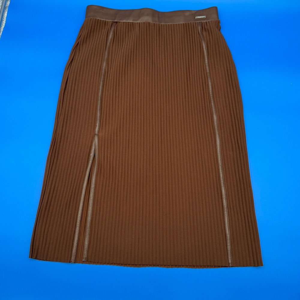 Marc New York Andrew Marc Brown Pleated Faux Leather Trim Midi Skirt‎ Size M